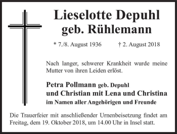 Traueranzeige von Lieselotte Depuhl (geb. Rühlemann)  von Magdeburger Volksstimme