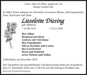 Traueranzeige von Lieselotte Diesing (geb. Hübener)  von Magdeburger Volksstimme