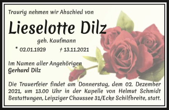 Traueranzeige von Lieselotte Dilz (geb. Kaufmann)  von Magdeburger Volksstimme