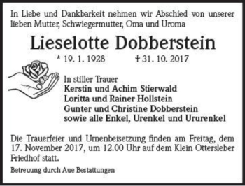 Traueranzeige von Lieselotte Dobberstein  von Magdeburger Volksstimme