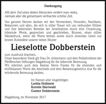 Traueranzeige von Lieselotte Dobberstein  von Magdeburger Volksstimme