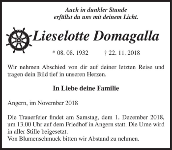 Traueranzeige von Lieselotte Domagalla  von Magdeburger Volksstimme