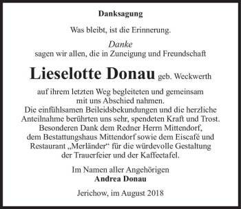Traueranzeige von Lieselotte Donau (geb. Weckwerth)  von Magdeburger Volksstimme