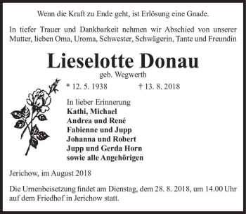 Traueranzeige von Lieselotte Donau (geb. Wegwerth)  von Magdeburger Volksstimme