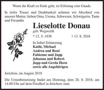 Traueranzeige von Lieselotte Donau (geb. Wegwerth)  von Magdeburger Volksstimme