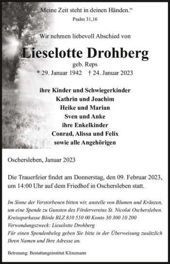 Traueranzeige von Lieselotte Drohberg (geb. Reps)  von Magdeburger Volksstimme