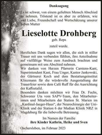 Traueranzeige von Lieselotte Drohberg (geb. Reps)  von Magdeburger Volksstimme