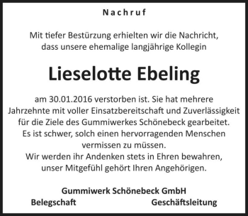 Traueranzeige von Lieselotte Ebeling  von Magdeburger Volksstimme