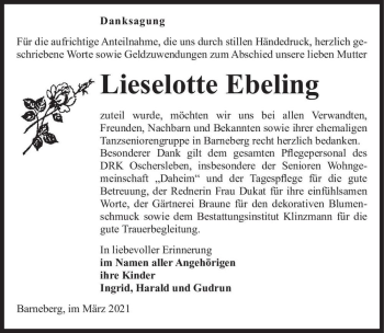 Traueranzeige von Lieselotte Ebeling  von Magdeburger Volksstimme