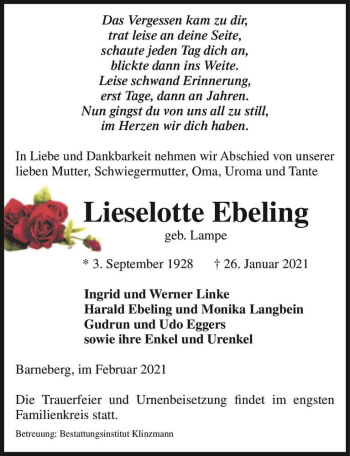 Traueranzeige von Lieselotte Ebeling (geb. Lampe)  von Magdeburger Volksstimme