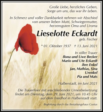 Traueranzeige von Lieselotte Eckardt (geb. Fischer)  von Magdeburger Volksstimme