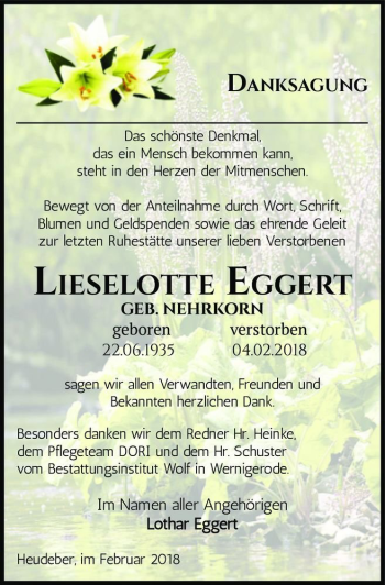 Traueranzeige von Lieselotte Eggert (geb. Nehrkorn)  von Magdeburger Volksstimme