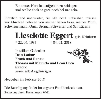 Traueranzeige von Lieselotte Eggert (geb. Nehrkorn)  von Magdeburger Volksstimme