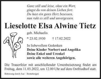 Traueranzeige von Lieselotte Elsa Alwine Tietz (geb. Michaelis)  von Magdeburger Volksstimme