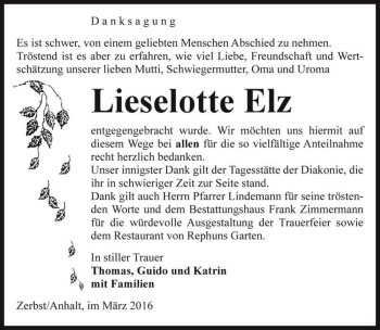 Traueranzeige von Lieselotte Elz  von Magdeburger Volksstimme