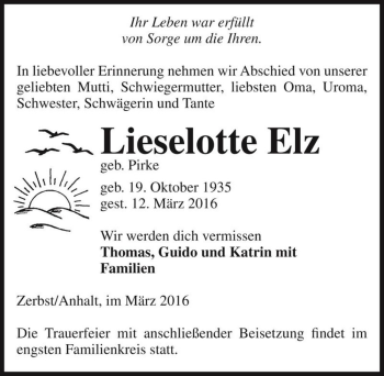 Traueranzeige von Lieselotte Elz (geb. Pirke)  von Magdeburger Volksstimme