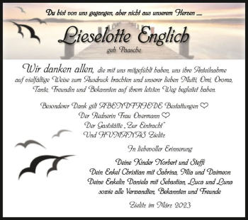 Traueranzeige von Lieselotte Englich (geb. Paasche)  von Magdeburger Volksstimme