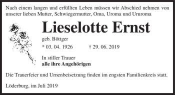 Traueranzeige von Lieselotte Ernst (geb. Böttger)  von Magdeburger Volksstimme