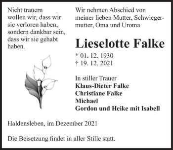 Traueranzeige von Lieselotte Falke  von Magdeburger Volksstimme