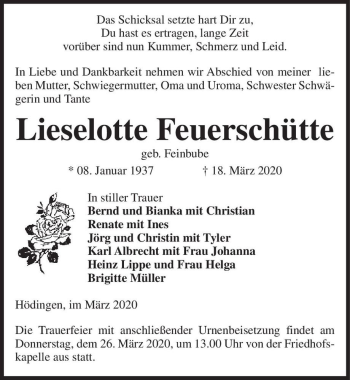 Traueranzeige von Lieselotte Feuerschütte (geb. Feinbube)  von Magdeburger Volksstimme