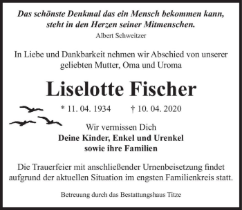 Traueranzeige von Lieselotte Fischer  von Magdeburger Volksstimme