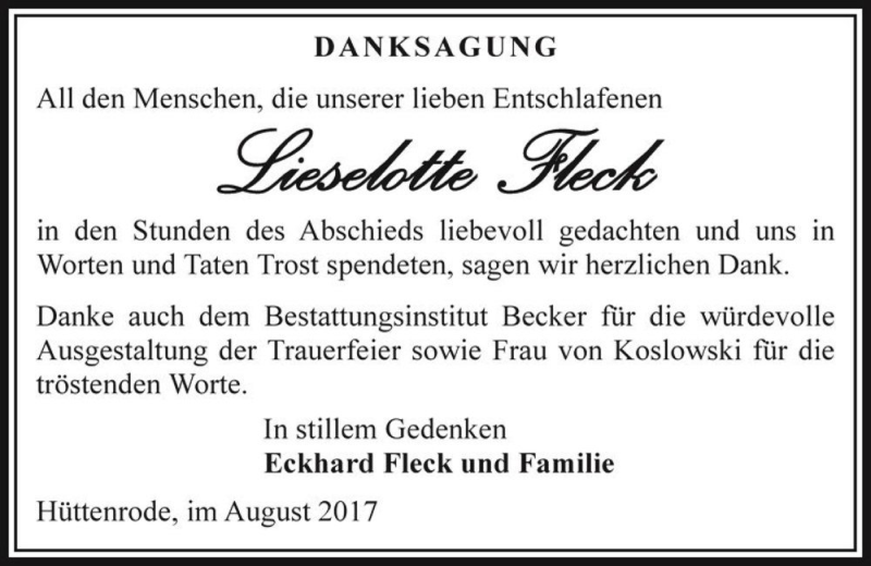  Traueranzeige für Lieselotte Fleck  vom 26.08.2017 aus Magdeburger Volksstimme