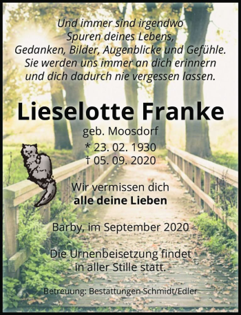 Traueranzeige von Lieselotte Franke (geb. Moosdorf)  von Magdeburger Volksstimme