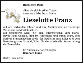 Traueranzeige von Lieselotte Franz  von Magdeburger Volksstimme