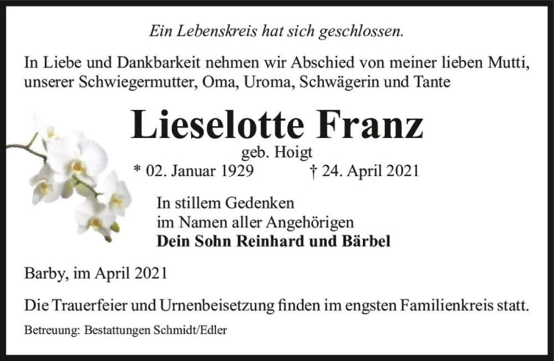  Traueranzeige für Lieselotte Franz (geb. Hoigt)  vom 30.04.2021 aus Magdeburger Volksstimme
