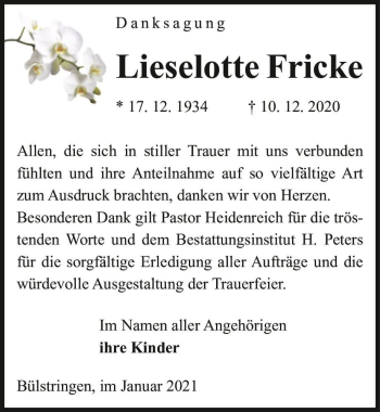 Traueranzeige von Lieselotte Fricke  von Magdeburger Volksstimme