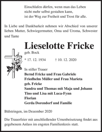 Traueranzeige von Lieselotte Fricke (geb. Bock)  von Magdeburger Volksstimme