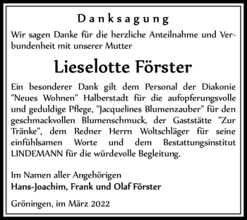 Traueranzeige von Lieselotte Förster  von Magdeburger Volksstimme