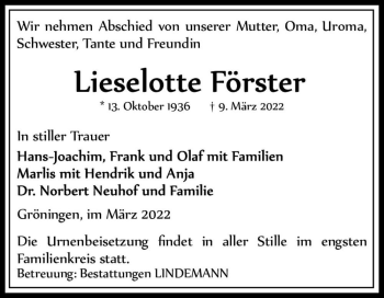 Traueranzeige von Lieselotte Förster  von Magdeburger Volksstimme