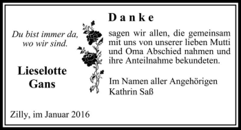 Traueranzeige von Lieselotte Gans  von Magdeburger Volksstimme