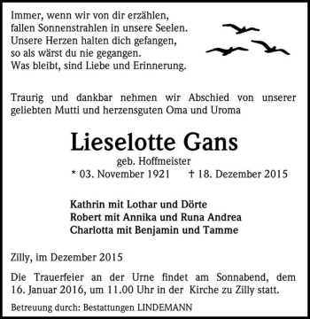 Traueranzeige von Lieselotte Gans (geb. Hoffmeister)  von Magdeburger Volksstimme
