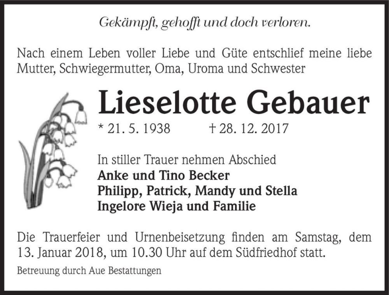  Traueranzeige für Lieselotte Gebauer  vom 05.01.2018 aus Magdeburger Volksstimme