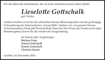 Traueranzeige von Lieselotte Gottschalk (geb. Wolter)  von Magdeburger Volksstimme