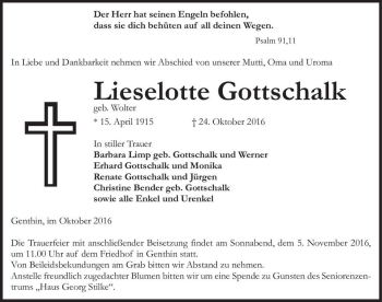 Traueranzeige von Lieselotte Gottschalk (geb. Wolter)  von Magdeburger Volksstimme