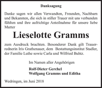 Traueranzeige von Lieselotte Gramms  von Magdeburger Volksstimme