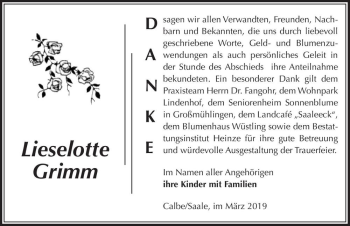 Traueranzeige von Lieselotte Grimm  von Magdeburger Volksstimme