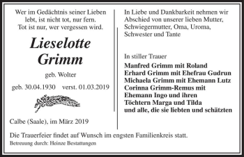 Traueranzeige von Lieselotte Grimm (geb. Wolter)  von Magdeburger Volksstimme