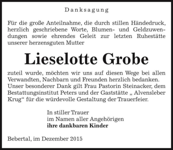 Traueranzeige von Lieselotte Grobe  von Magdeburger Volksstimme
