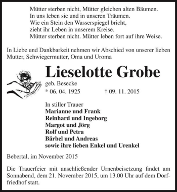 Traueranzeige von Lieselotte Grobe (geb. Besecke)  von Magdeburger Volksstimme