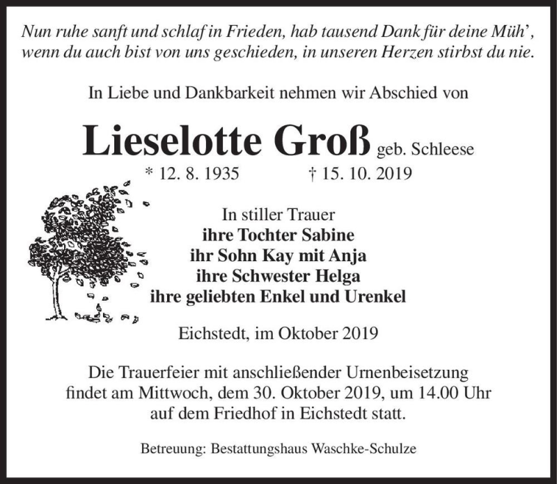  Traueranzeige für Lieselotte Groß (geb. Schleese)  vom 19.10.2019 aus Magdeburger Volksstimme