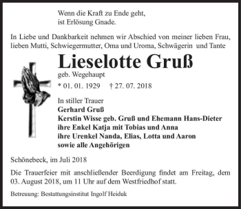 Traueranzeige von Lieselotte Gruß (geb. Wegehaupt)  von Magdeburger Volksstimme