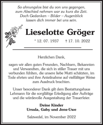 Traueranzeige von Lieselotte Gröger  von Magdeburger Volksstimme