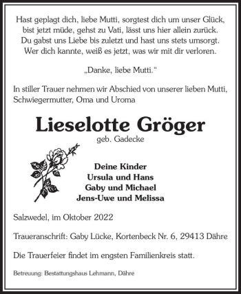 Traueranzeige von Lieselotte Gröger (geb. Gadecke)  von Magdeburger Volksstimme