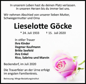 Traueranzeige von Lieselotte Göcke  von Magdeburger Volksstimme