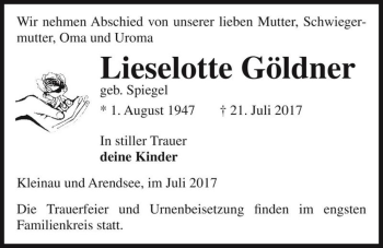 Traueranzeige von Lieselotte Göldner (geb. Spiegel)  von Magdeburger Volksstimme