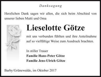 Traueranzeige von Lieselotte Götze  von Magdeburger Volksstimme